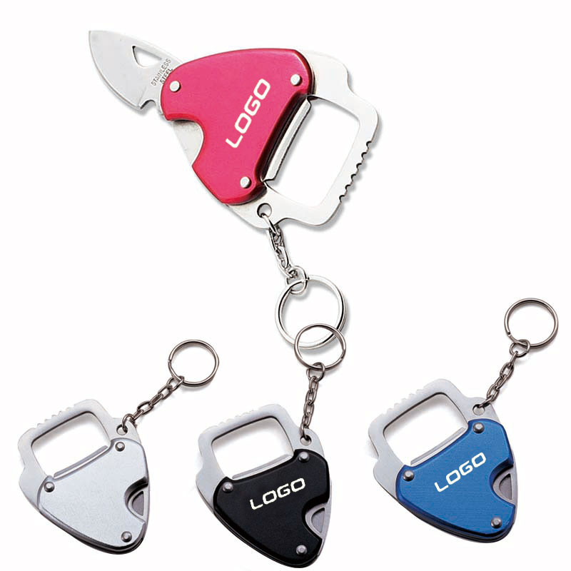 Bottle opener keychain with foldable knife